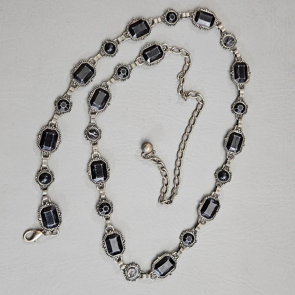 Vintage Style Black Stone Chain Belt Antiqued Silver Tone Adjustable Goth Boho